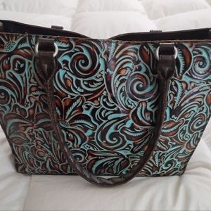 Patricia Nash Zancona Tooled Turquoise & Brown Leather -like New w/tags detached